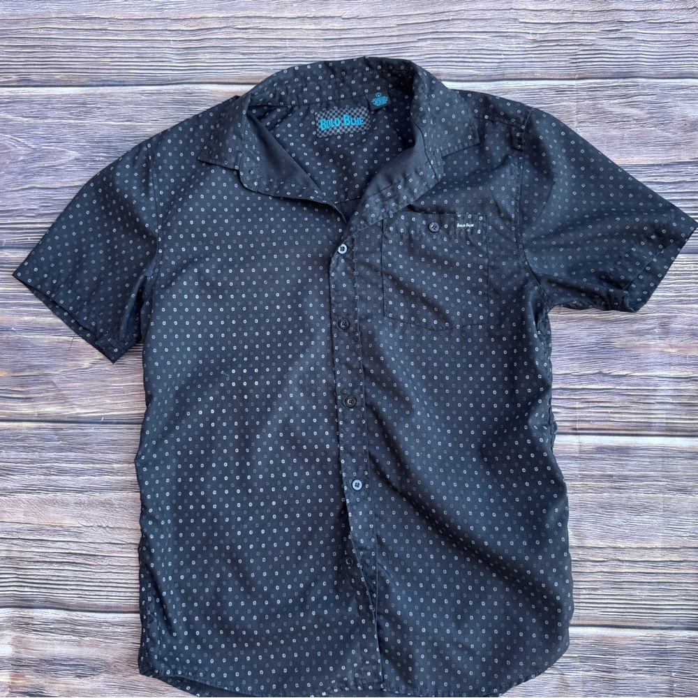 GUC Bold Blue Men’s Black Short Sleeve Button-Up Shirt Sz L Geometric Print